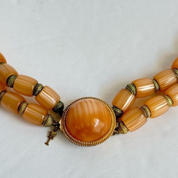 Trifari Moonglow Necklace Multi-Strand Beaded Vintage Crown Peach Orange Lucite - Picture 6 of 10